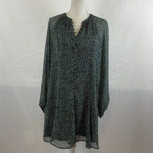 Joie Dress L Forest Green White Print Shift Long Sheer Sleeve